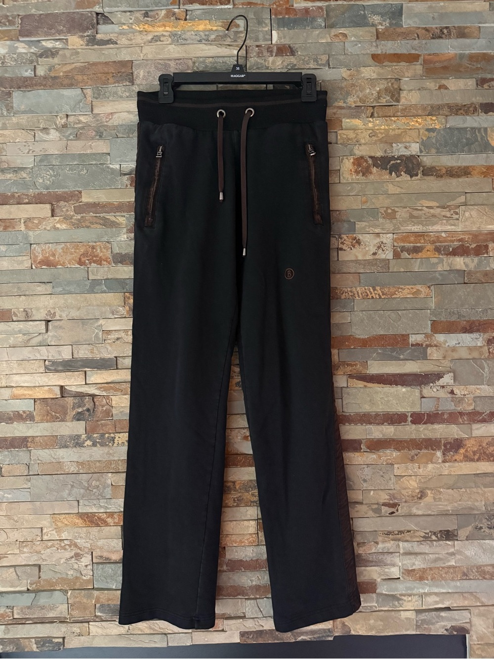 BOGNER Black Cotton Track Pants Velvet Side Stripe Zip Pockets Men’s MEDIUM
